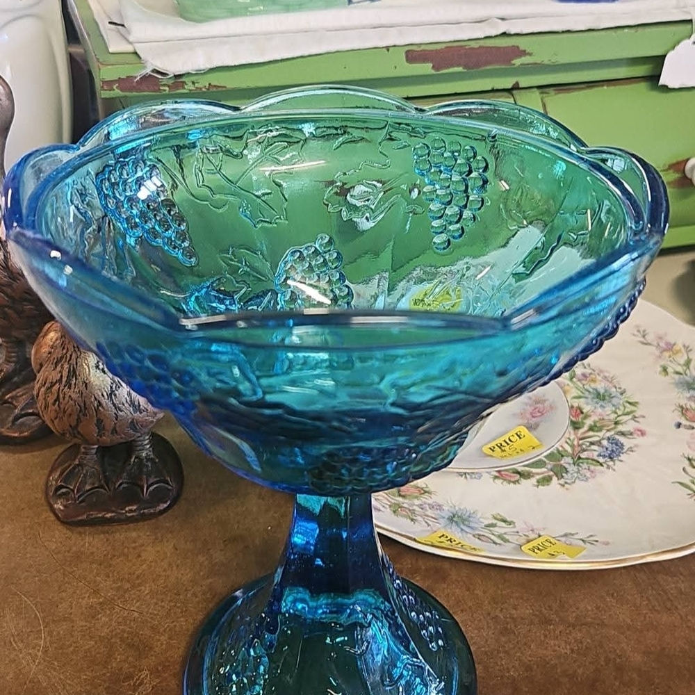Blue Pressed Glass Compote with Grape Motif